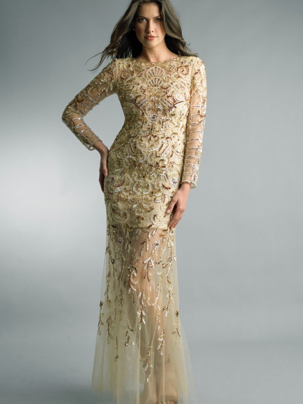 D6376L Beaded Lattice Long-Sleeve Gown - Nude